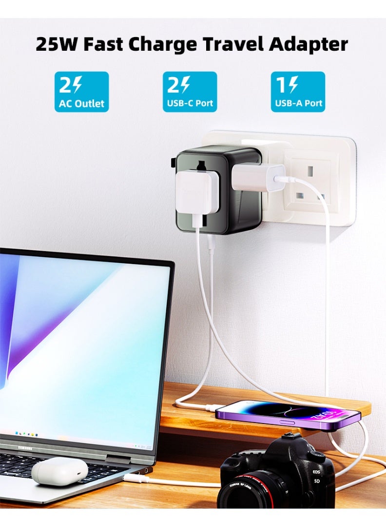Voltrava Universal Travel Plug Adapter with 2 AC Outlets, PD 25W Fast Charging, Dual USB-C & USB-A Ports – International Multi Plug Power Adapter for Worldwide Travel, Compatible with US UK EU AU Asia – Compact All-in-One Travel Charger - Black - Image 2